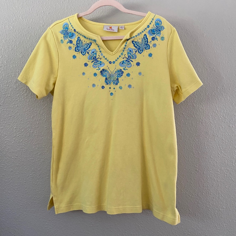 Quacker Factory Yellow Butterfly Top Large Wearable Art to Wear Artsy Rhinestone